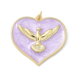 Лиловый Латунь эмаль подвески, Сердце с подвесками в виде голубя, долговечный, без кадмия и без свинца, стойки покрытие, реальный 18 k позолоченный, сирень, 28.5x30x3.5 мм, Перейти кольцо: 5x1 мм, внутренний диаметр: 3 мм