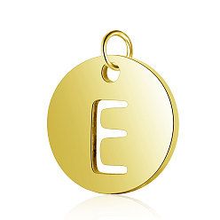 Letter E Vacuum Plating 304 Stainless Steel Charms, Flat Round with Letter, Golden, Letter.E, 12x1mm, Hole: 2.5mm