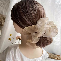 Champagne-colored Pearl Glitter Extra Large Hair Scrunchie Chic Oversized Organza Hair Scrunchie for Girls, Sweet and Elegant French Style Headband with Fairy Mesh Bow Tie