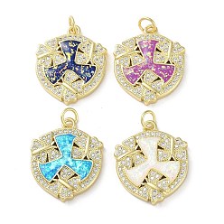 Mixed Color Brass Micro Pave Clear Cubic Zirconia Pendants, with Synthetic Opal and Jump Ring, Real 18K Gold Plated, Shield, Mixed Color, 22x18x3mm, Hole: 3.6mm