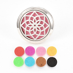 Random Single Color or Random Mixed Color Alloy Car Diffuser Locket Clips, with Flower 304 Stainless Steel Findings and Random Single Color Non-Woven Fabric Cabochons Inside, Magnetic, Flat Round, Random Single Color, 36.5x30.5mm