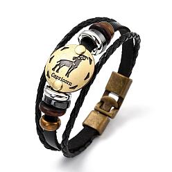 Capricorn Braided Leather Cord Retro Multi-strand Bracelets, with Wood Beads, Hematite Beads and Alloy Findings, Flat Round,  Antique Bronze, Capricorn, 8-1/4 inch(21cm)