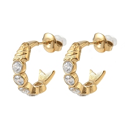 Золотой 304 Серьги-гвоздики из нержавеющей стали с прозрачными кубическими циркониями, рыба с С-образной формой, золотые, 17x4 мм
