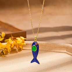 Синий Латунные подвески в форме рыбы с кубическим цирконием в форме паве для женщин, с эмалью, синие, 17.32 дюйм (44 см)