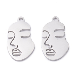Stainless Steel Color 304 Stainless Steel Pendants, Abstract Face, Stainless Steel Color, 28x15x1.5mm, Hole: 2mm