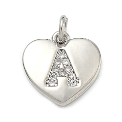 Letter A Латунные микропаве прозрачные подвески с фианитом, сердце прелести, без кадмия и без свинца, стойки покрытие, долговечный, реальный 18 k позолоченный, буква a, 15x15x2 мм, отверстие : 3 мм