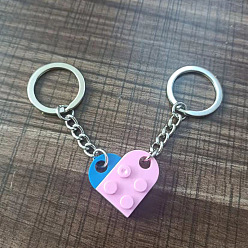 Pearl Pink Love Heart Building Blocks Keychain, Separable Jewelry Gifts Couples Friendship Keychain, with Alloy Findings, Pearl Pink, Pendant: 2.5x2.7x8cm, Ring: 3cm