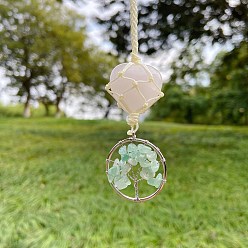Green Aventurine Heart Rose Quartz Cord Braided Pendant Decorations, with Green Aventurine Chip Rings, Car Hanging Ornaments, 130x30mm
