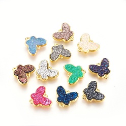 Mixed Color Brass Links connectors, with Druzy Resin, Butterfly, Golden, Mixed Color, 14.5x16x4mm, Hole: 1.2mm