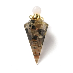 Rutilated Кварц Подвески для флаконов духов из натурального черного рутилового кварца, подвески в виде граненых конусов из смолы с завинчивающейся крышкой из позолоченной латуни, 46.5~48x19~20x17~18 мм, отверстие : 1.8 мм