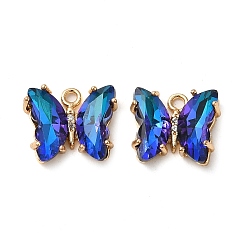 Blue Brass with Glass Pendants, Butterfly, Blue, 10x12x4mm, Hole: 1.2mm