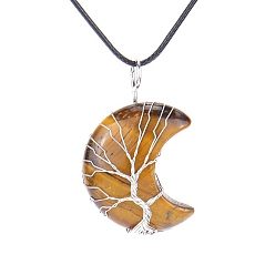 Tiger Eye Natural Tiger Eye Crescent Moon Pendant Necklaces, with Copper Wire, 18.90 inch(48cm)