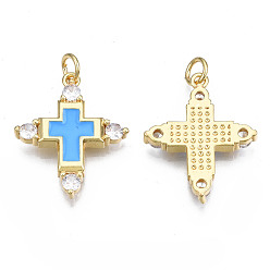 Dodger Blue Brass Micro Pave Cubic Zirconia Enamel Pendants, with Jump Rings, Cadmium Free & Nickel Free & Lead Free, Real 16K Gold Plated, Cross, Dodger Blue, 23x19x3mm, Jump Ring: 5x1mm, 3mm inner diameter