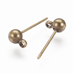 Antique Bronze Brass Ball Post Ear Studs, with Loop, Nickel Free, Antique Bronze Color, about 4mm wide, 15mm long, hole: about 1.5mm