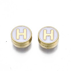 Letter H Alloy Enamel Beads, Cadmium Free & Lead Free, Light Gold, Flat Round with Alphabet, White, Letter.H, 8x4mm, Hole: 1.5mm