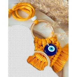 Dark Orange Handmade Macrame Cotton Thread with Turkish Glass Evil Eye Wall Hanging Ornament, with Metal Ring, Dark Orange, 50mm