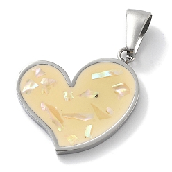 Светло-хаки 304 нержавеющей стальной эмали подвески, шарма сердца, цвет нержавеющей стали, светлый хаки, 25x27x3 мм, отверстие : 5.5x4 мм