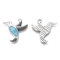 Bleu Ciel Clair Pendentif d'émail en alliage, argent antique, charme d'oiseau, sans cadmium et sans plomb, lumière bleu ciel, 27x26x1.5mm, Trou: 1.8mm