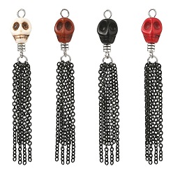 Couleur Mélangete Pendentifs géants en turquoise synthétique teintée pour Halloween, Breloques en forme de crâne avec pompon en chaîne à câble en acier inoxydable noir, couleur mixte, 304mm, Trou: 76x10x12mm