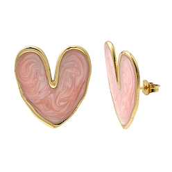 Pink Сердце 201 серьги-гвоздики из нержавеющей стали с эмалью, с 304 штифтов из нержавеющей стали, вакуумное покрытие pvd, золотые, розовые, 24.5x22.5 мм