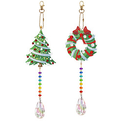 Christmas Tree DIY Diamond Painting Acrylic Pendants Decoration Kits, with Alloy Chian, Christmas, Christmas Tree, 280~290x60~85mm
