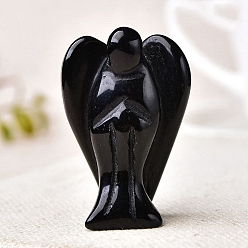 Obsidian Natural Obsidian Carved Healing Angel Figurines, Reiki Energy Stone Display Decorations, 37~40mm