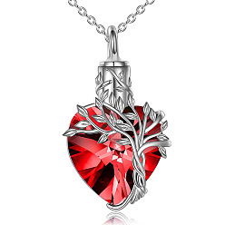 Red Heart with Tree of Life Glass Urn Pendant Necklaces, Stainless Steel Chain Necklaces, Red, 21.65 inch(55cm)