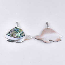 Colorful Mixed Shell Pendants, with Brass Findings, Sea Turtle, Platinum, 38x60~63x4~4.5mm, Hole: 6x4mm