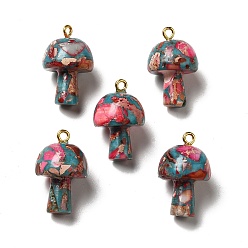 Colorful Natural Quartz Pendants, Mushroom Charms, Dyed & Heated, with Golden Plated Alloy Loops and Natural Opal , Colorful, 25~30x16~16.5x16~16.5mm, Hole: 1.5~2mm