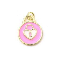 Pink Латунь эмаль подвески, плоский круглый с подвесками-замками, реальный 18 k позолоченный, с целью перехода в кольце, без свинца и без кадмия, долговечный, стойки покрытие, розовые, 19x15x2 мм, отверстие : 3.4 мм