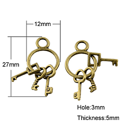 Античная Бронза Подвески в тибетском стиле , без кадмия, без никеля и без свинца, ключи, античная бронза, 27x12x5 мм, отверстие : 3 мм