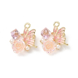 Pink Подвески из эмали и сплава, Бабочка с цветком, с абс пластмассовой имитационной жемчужиной, золотой свет, без кадмия, без никеля и без свинца, стойки покрытие, розовые, 23x22x9 мм, отверстие : 2.5 мм