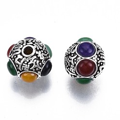 Antique Silver Tibetan Style Alloy Beads, with Dyed & Heated Glass, Cadmium Free & Lead Free, Round, Antique Silver, 16.5x14mm, Hole: 3mm