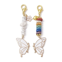 White Butterfly Alloy Enamel Pendants Decoraiton, Natural Howlite Chip & Lava Rock Beads and Lobster Claw Clasps Charm, White, 81~83mm, 2pcs/set
