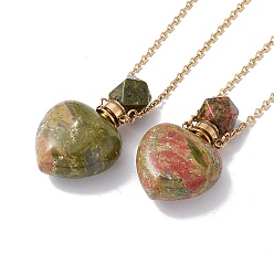 Unakite Openable Heart Natural Unakite Perfume Bottle Pendant Necklaces for Women, 304 Stainless Steel Cable Chain Necklaces, Golden, 18.62 inch(47.3cm)
