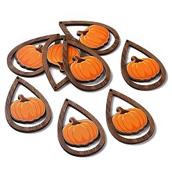 Pumpkin Halloween Theme Single Face Printed Aspen Wood Big Pendants, Teardrop Charm, Pumpkin Pattern, 54.5x34x2.5mm, Hole: 1.6mm
