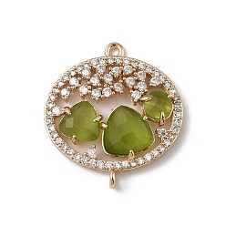 Цвет Оливы Подвески-коннекторы из латуни с микропаве из прозрачного кубического циркония и стекла в форме овала, реальный 18 k позолоченный, стойки покрытие, долговечный, без кадмия и без свинца, оливковый, 25x22.5x4 мм, отверстие : 1.4 мм