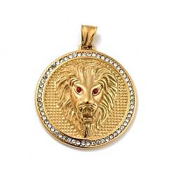 Golden Ion Plating(IP) 304 Stainless Steel Pendants, with Rhinestone, Flat Round with Lion Pattern, Golden, 43.5x41x13mm, Hole: 3x7mm