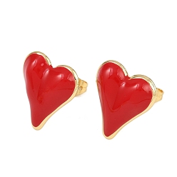 Красный Латунные серьги-гвоздики в форме сердца, с эмалью, стойки покрытие, долговечный, без кадмия и без свинца, реальный 18 k позолоченный, красные, 17.5x15 мм