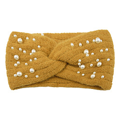 Goldenrod Acrylic Fiber Knitted Yarn Warmer Headbands, with Plastic Imitation Pearl, Soft Stretch Thick Cable Knit Head Wrap for Women, Goldenrod, 210x110mm