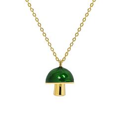 Golden 925 Sterling Silver Enamel Mushroom Pendant Necklaces, Versatile Style Collar Chain for Women, Real 18K Gold Plated, Green, 15.75 inch(40cm)