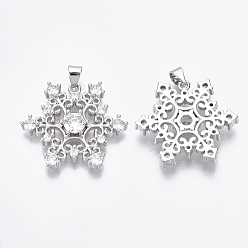 Real Platinum Plated Brass Micro Pave Cubic Zirconia Pendants, Nickel Free, Snowflake, Clear, for Christmas, Real Platinum Plated, 23x26.5x4.5mm, Hole: 3x4mm