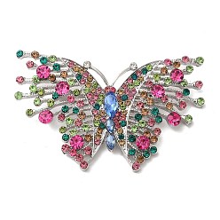 Platinum Butterfly Alloy Colorful Rhinestone Brooch, for Backpack Clothes, Platinum, 69x45x11mm