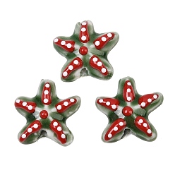 Dark Olive Green Handmade Porcelain Beads, Hand Painted, Famille Rose Porcelain, Starfish with Polka Dot, Dark Olive Green, 17.5x17.5x6mm, Hole: 1.8mm