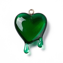 Green Transparent Resin Pendants, with Light Gold Iron Loops, Melting Heart Charms, Green, 30~30.5x21~21.5x7mm, Hole: 1.6mm