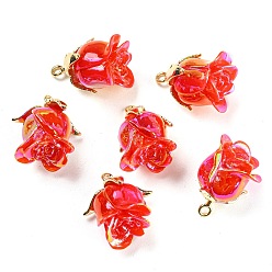 Red Opaque Resin Pendants, AB Color, Flower Charms with Golden Tone Alloy Leaf, Red, 18.5x10x10mm, Hole: 1.4mm
