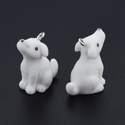 White Opaque Resin Pendants, with Platinum Tone Iron Loops, Flocky Dog Charm, White, 29x15x25mm, Hole: 2.5mm