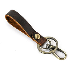 Coconut Brown Cowhide Leather Keychain, with Belt Alloy Ring and Clasp for Car Key Holder , Coconut Brown, 10.5cm