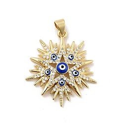 Medium Blue Rack Plating Brass Micro Pave Clear Cubic Zirconia Pendants, with Enamel, Cadmium Free & Lead Free, Star with Evil Eye, Real 18K Gold Plated, Medium Blue, 29x26x3.8mm, Hole: 3x3.5mm