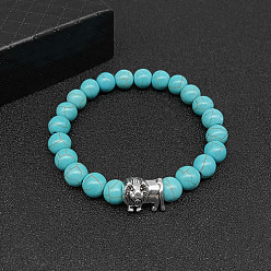 Lion Bracelets extensibles turquoise synthétique pour femmes et hommes, avec des perles en alliage d'animaux de style tibétain, lion, pas de taille